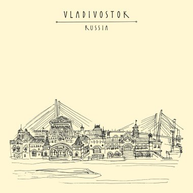 Vladivostok, Rusya, Rus Uzak Doğu, Transsiberian demiryolu sonu ve Golden Köprüsü tren istasyonu. Mimari seyahat etmek kroki, vintage el çekilmiş turistik kartpostal. Vektör