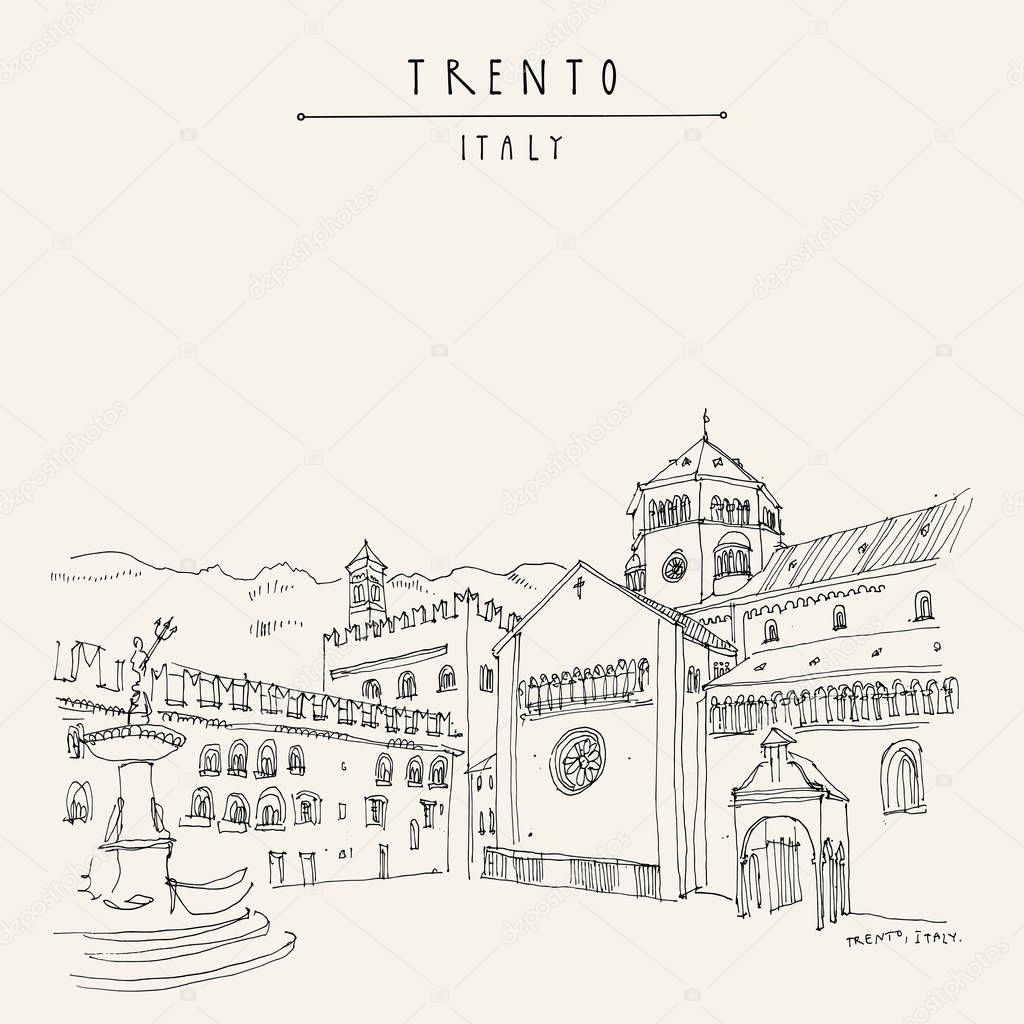 Trento, Northern Italy. Cathedral Square (Piazza Duomo) and the Late Baroque Fountain of Neptune. Artistic drawing. Travel sketch. Vintage touristic postcard, poster or book illustration in vector