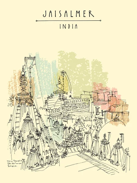 Sketch Jain Temple Rooftop Jaisalmer Rajasthan India — Stock Vector