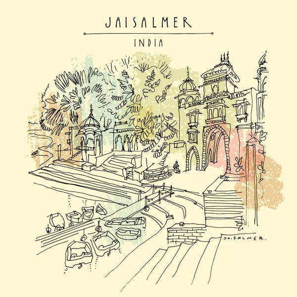 Jaisalmer Rajasthan 인도에 Gadisar Gadi Sagar 호수의 손으로 그려진된 스케치 — 스톡 벡터