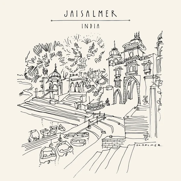 Schizzo Disegnato Mano Del Lago Gadisar Gadi Sagar Jaisalmer Rajasthan — Vettoriale Stock