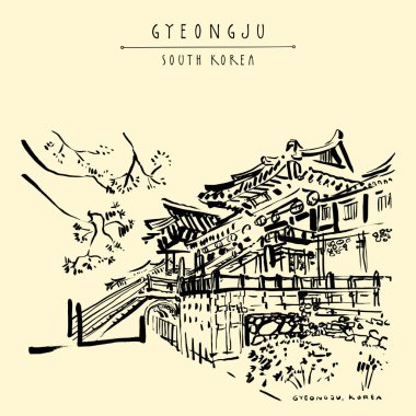 Gyeongju, Güney Kore, Asya. Bulguksa Tapınağı (Unesco Dünya Mirası). El çizimi. Seyahat kroki. Vintage turistik kartpostal, poster ya da kitap illüstrasyon vektör