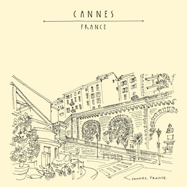 Bus station yakınındaki Cannes, Fransa, Avrupa'nın Sokağı. Antika Avrupa kasaba. El çizimi retro tarzı. Seyahat kroki. El vintage turistik kartpostal, poster ya da kitap illüstrasyon vektör içinde çekilmiş.