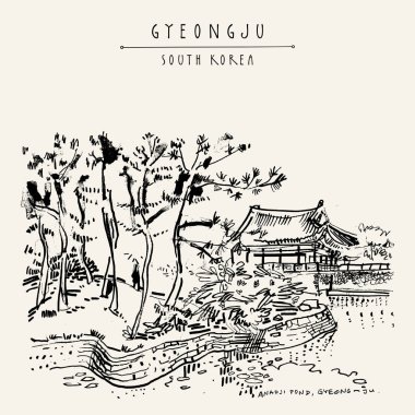 Gyeongju, South Korea, Asia. Donggung palace and Wolji pond (Anapji pond). Hand drawing. Travel sketch. Vintage touristic postcard, poster or book illustration in vector clipart