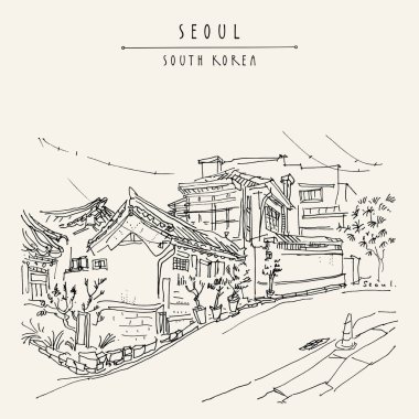 Seoul, Güney Kore, Asya. Geleneksel Kore Hanok ev sahipliği yapmaktadır. Hanok Bukchon. El çizimi retro tarzı. Seyahat kroki. Vintage turistik kartpostal, poster ya da kitap illüstrasyon vektör