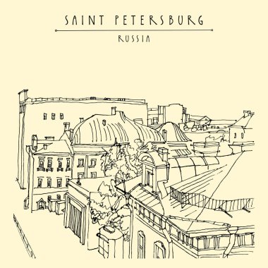 Saint Petersburg, Rusya. Şehir merkezinde eski tarihi binaların yüksek noktası görünümü. Mimari çizim. Kroki, vintage el çekilmiş kartpostal seyahat. Vektör çizim