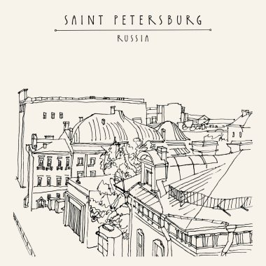 Saint Petersburg, Rusya. Şehir merkezinde eski tarihi binaların yüksek noktası görünümü. Mimari çizim. Kroki, vintage el çekilmiş kartpostal seyahat. Vektör çizim