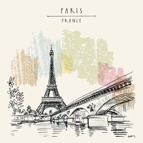 Torre Eiffel París Francia Puente Agua Dibujo Mano Estilo Retro — Vector de stock