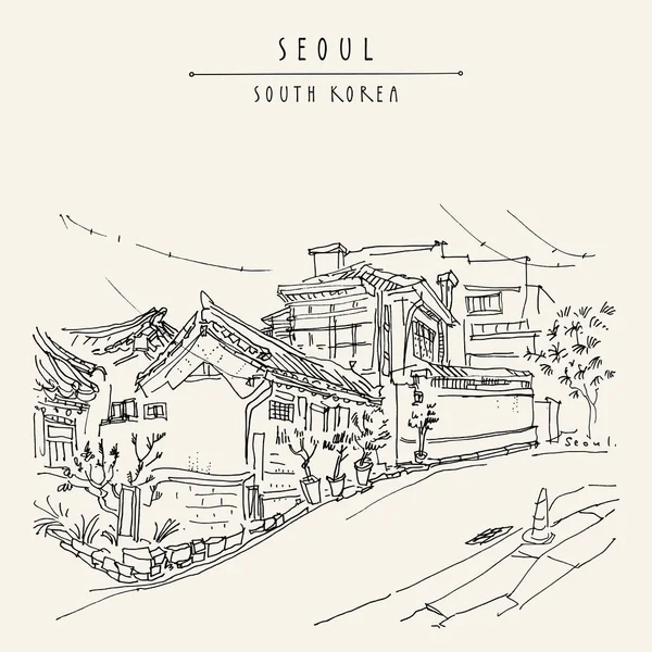 Seoul Südkorea Asien Traditionelle Koreanische Hanok Häuser Hanok Bukchon Handzeichnung — Stockvektor