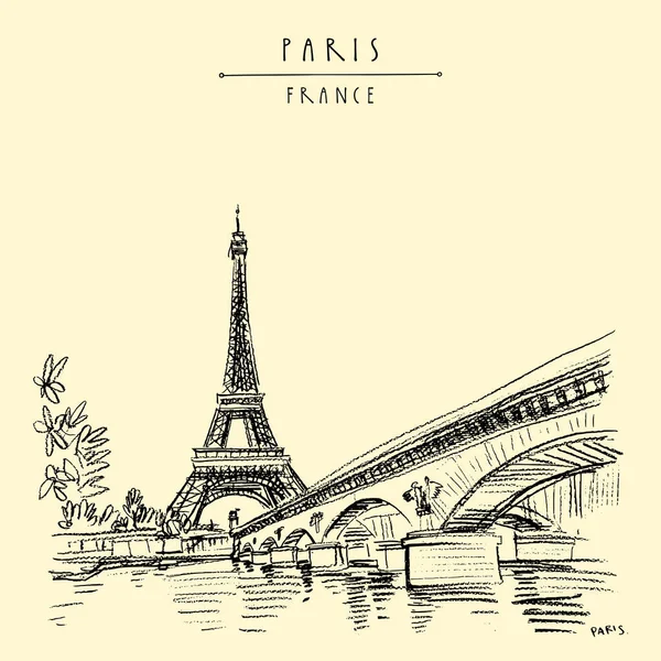 Tour Eiffel Paris France Pont Eau Dessin Main Dans Style — Image vectorielle