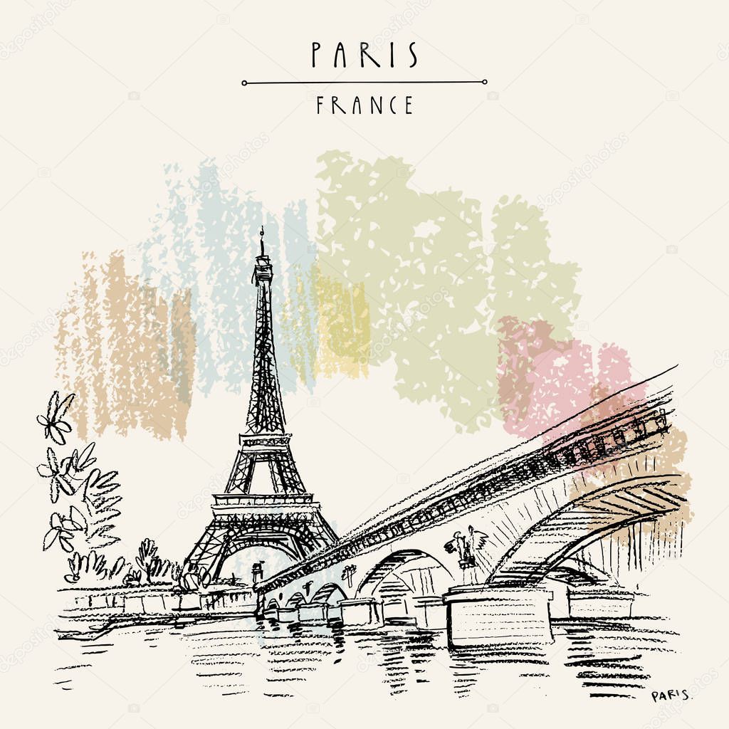 Eiffel Tower in Paris, France. Bridge and water. Hand drawing in retro style. Travel sketch. Vintage thand drawn ouristic postcard, poster or book illustration in vector