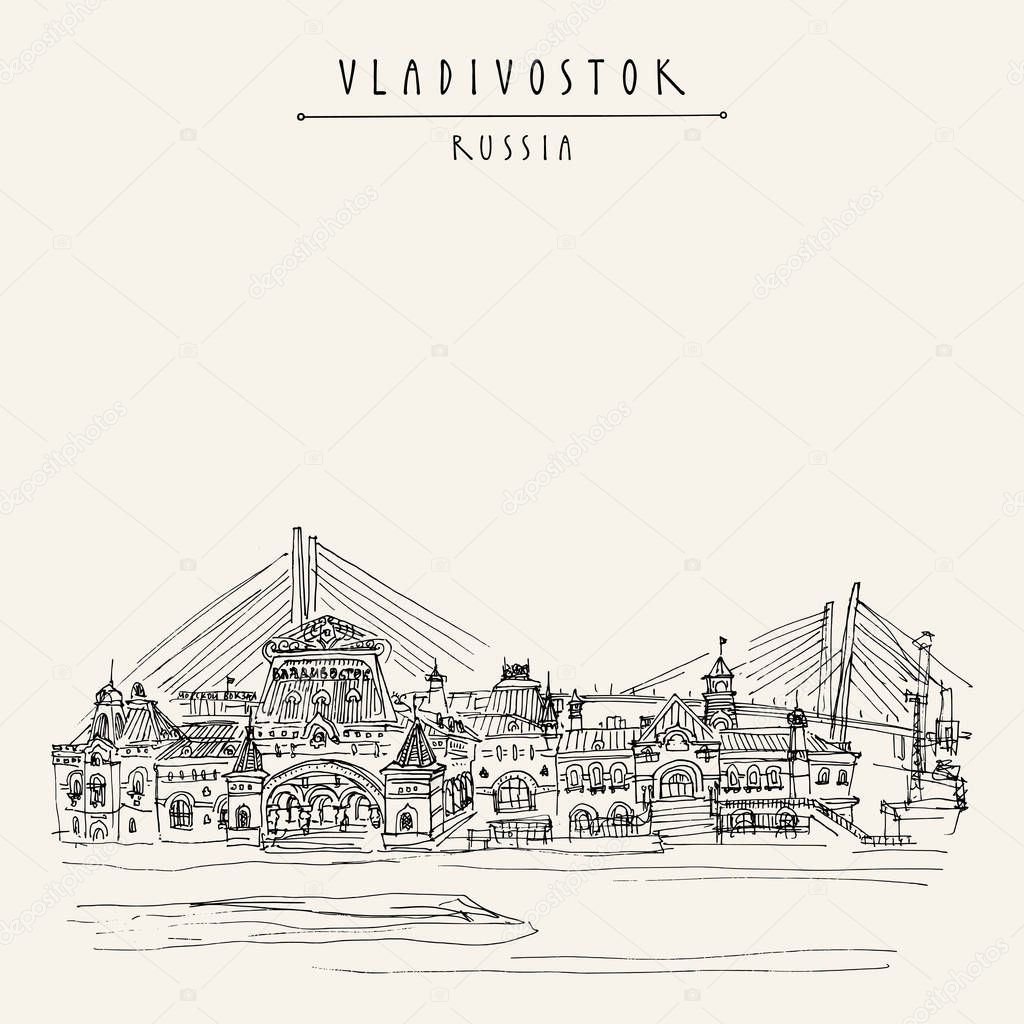 Railway station in Vladivostok, Russia, Russian Far East, end of Transsiberian railway, and Golden Bridge. Architecture travel sketch, vintage hand drawn touristic postcard. Vector