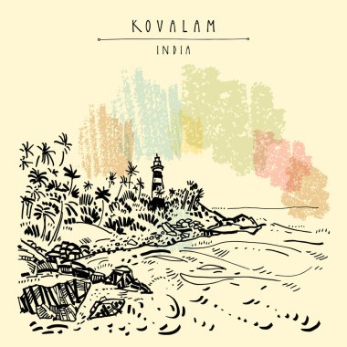 Kovalam Beach ve Vizhinjam deniz feneri Kerala, Güney Hindistan. Retro seyahat çizim bozulmamış bir plaj, palmiye ağaçları ve bir deniz feneri. Tropik cennet manzara kroki. Vektör kartpostal çizim