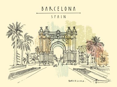 Barcelona El çekilmiş kartpostal. Vektör çizim