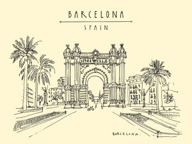Barcelona El çekilmiş kartpostal. Vektör çizim