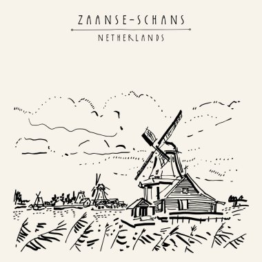 Zaanse Schans'a, Felemenk, Hollanda Europe. Hollandalı geleneksel tarihi yel değirmenleri ve evler. El çizimi. Seyahat kroki. Kitap Illustration, kartpostal veya vektör poster