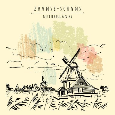 Zaanse Schans'a, Felemenk, Hollanda Europe. Hollandalı geleneksel tarihi yel değirmenleri ve evler. El çizimi. Seyahat kroki. Kitap Illustration, kartpostal veya vektör poster