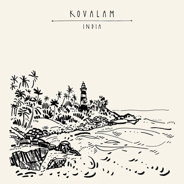 Kovalam Beach Vizhinjam Lighthouse Kerala South India Retro Travel Drawing — Stock Vector