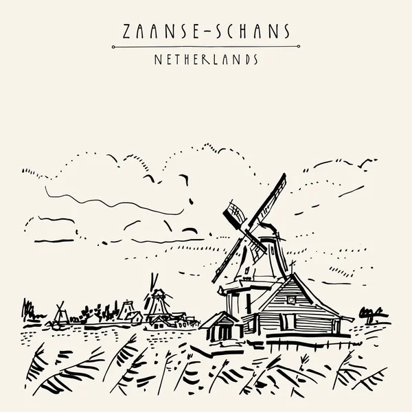 Zaanse Schans Holland Nederland Europa Nederlandse Traditionele Historische Windmolens Huizen — Stockvector