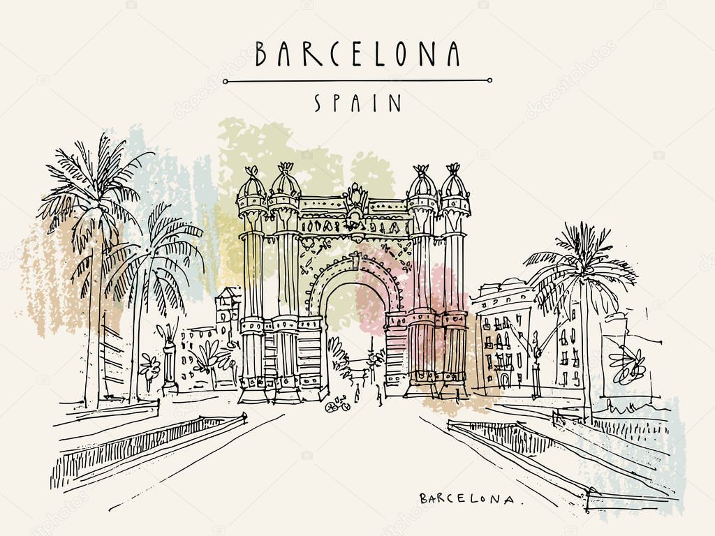 Barcelona, Catalonia, Spain. Arc de Triomf (Triumphal Arch) and palm trees. Travel sketch. Hand drawn vintage touristic postcard, poster, book illustration. Vector artwork