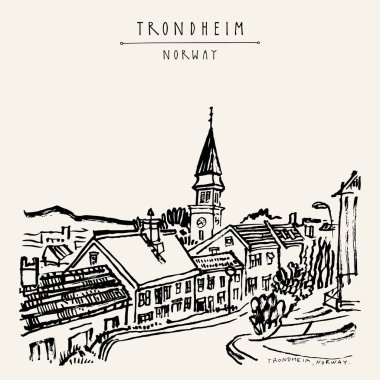 Trondheim, Norveç, Avrupa. Ahşap evler ve kilise.