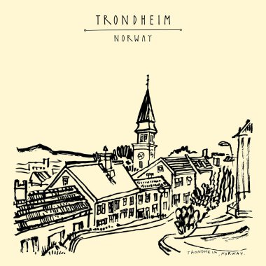 Trondheim, Norveç, Avrupa. Ahşap evler ve kilise.