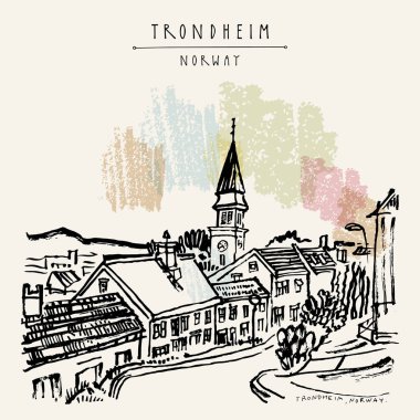 Trondheim, Norveç, Avrupa. Ahşap evler ve kilise.