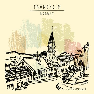 Trondheim, Norveç, Avrupa. Ahşap evler ve kilise.