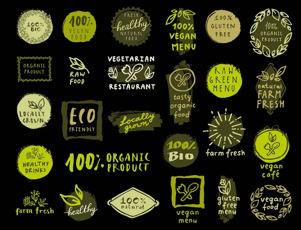 Organic Food Labels Set Black Background — Stock Vector
