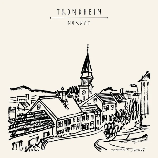 Trondheim Norvégia Európa Fából Készült Házak Templom — Stock Vector