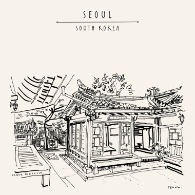 Seoul, Güney Kore, Asya. Geleneksel Kore Hanok ev sahipliği yapmaktadır. Hanok Bukchon. El çizimi retro tarzı. Seyahat kroki. Vintage turistik kartpostal, poster ya da kitap illüstrasyon vektör
