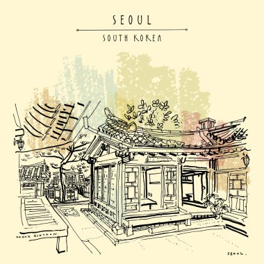 Seoul, Güney Kore, Asya. Geleneksel Kore Hanok ev sahipliği yapmaktadır. Hanok Bukchon. El çizimi retro tarzı. Seyahat kroki. Vintage turistik kartpostal, poster ya da kitap illüstrasyon vektör