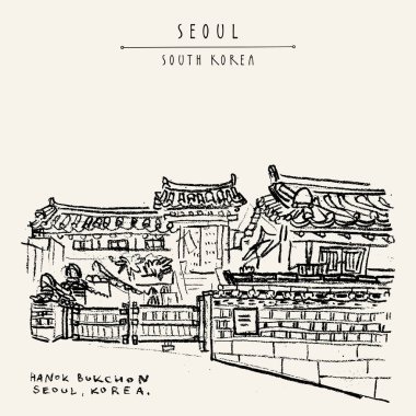 Seoul, Güney Kore, Asya. Geleneksel Kore Hanok ev sahipliği yapmaktadır. Hanok Bukchon. El çizimi retro tarzı. Seyahat kroki. Vintage turistik kartpostal, poster ya da kitap illüstrasyon vektör