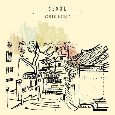 Seoul, Güney Kore, Asya. Geleneksel Kore Hanok ev sahipliği yapmaktadır. Hanok Bukchon. El çizimi retro tarzı. Seyahat kroki. Vintage turistik kartpostal, poster ya da kitap illüstrasyon vektör