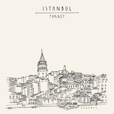 Istanbul, Türkiye. Galata Kulesi (Galata Kilesi) ve Karaköy bölge, Boğaz ' görüntüleyin. Seyahat kroki. Elle çizilmiş vintage turistik kartpostal. Vektör çizim