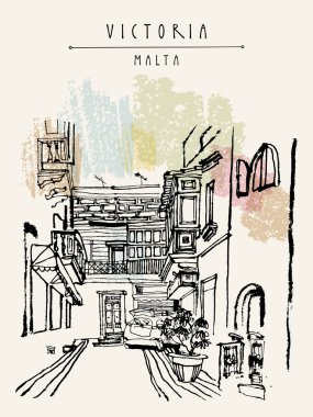 Akdeniz cityscape. Victoria, Gozo Adası, Malta, Europe. Eski şehrin dar sokakta. Seyahat taslağını rahat bir Avrupa şehri. Elle çizilmiş turistik kartpostal, poster, kitap illüstrasyon vektör