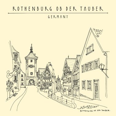 Rothenburg ob der Tauber, Almanya, Avrupa. Romantik şehir tarihi kent. Seyahat kroki. Vintage el çekilmiş kartpostal. Vektör çizim