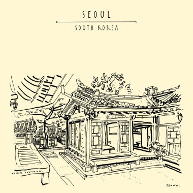 Seoul, Güney Kore, Asya. Geleneksel Kore Hanok ev sahipliği yapmaktadır. Hanok Bukchon. El çizimi retro tarzı. Seyahat kroki. Vintage turistik kartpostal, poster ya da kitap illüstrasyon vektör
