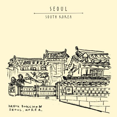 Seoul, Güney Kore, Asya. Geleneksel Kore Hanok ev sahipliği yapmaktadır. Hanok Bukchon. El çizimi retro tarzı. Seyahat kroki. Vintage turistik kartpostal, poster ya da kitap illüstrasyon vektör