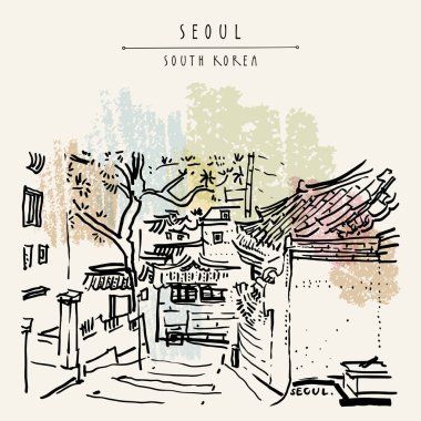 Seoul, Güney Kore, Asya. Geleneksel Kore Hanok ev sahipliği yapmaktadır. Hanok Bukchon. El çizimi retro tarzı. Seyahat kroki. Vintage turistik kartpostal, poster ya da kitap illüstrasyon vektör