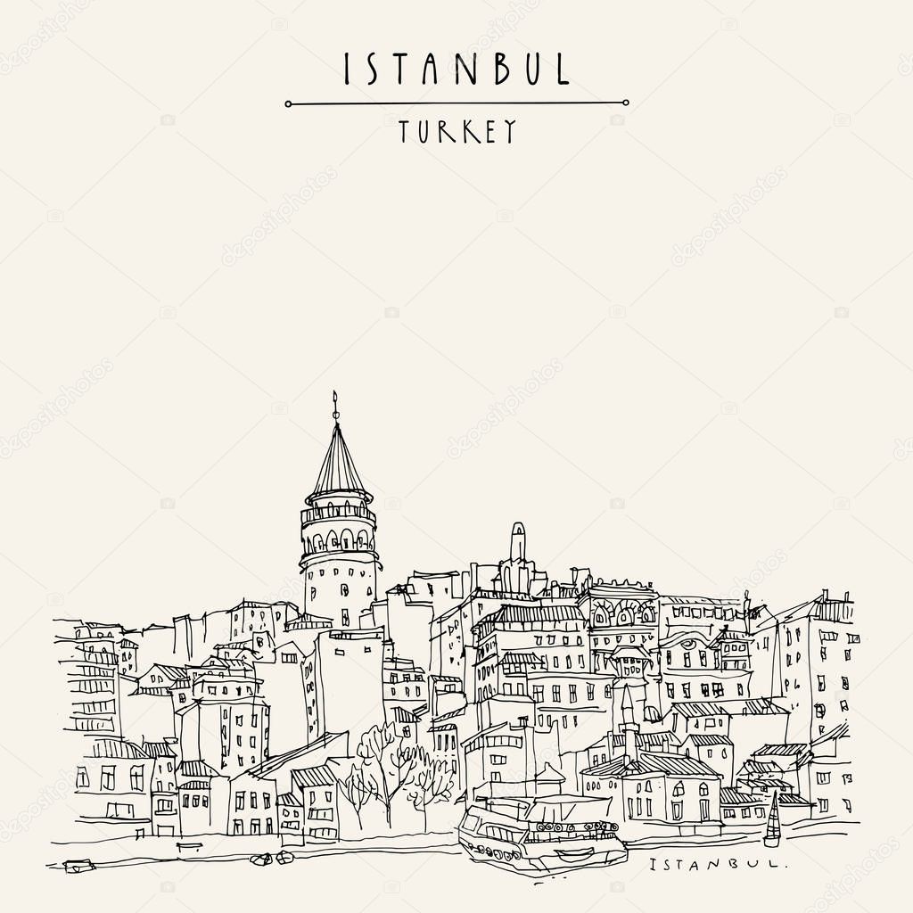 Istanbul, Turkey. Galata tower (Galata Kilesi) and Karakoy district, view from Bosphorus. Travel sketch. Hand drawn vintage touristic postcard. Vector illustration