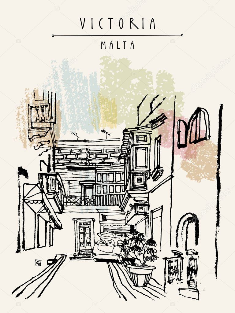 Mediterranean cityscape. Victoria, Gozo island, Malta, Europe. Narrow alley in the old city. Travel sketch of a cozy European town. Hand drawn touristic postcard, poster, book illustration in vector