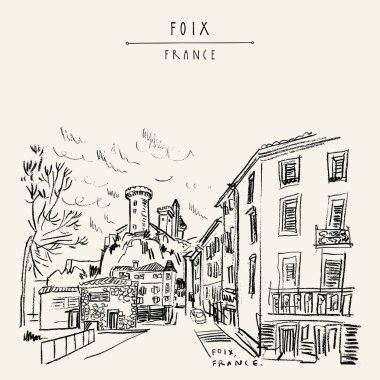 Foix, Occitanie, Fransa (Chateau des Comtes de Foix) kalede. Kasabadan görüntüleyin. El çizimi retro tarzı. Seyahat kroki. Vintage el turistik kartpostal, poster ya da kitap illüstrasyon vektör içinde çekilmiş.