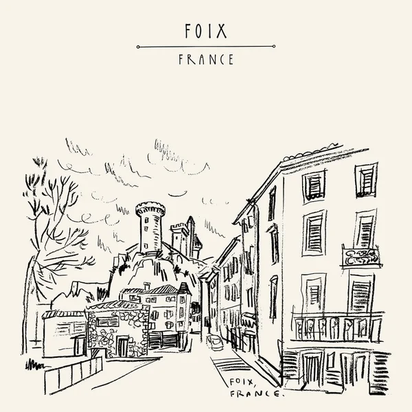 Foix, Occitanie, Fransa (Chateau des Comtes de Foix) kalede. Kasabadan görüntüleyin. El çizimi retro tarzı. Seyahat kroki. Vintage el turistik kartpostal, poster ya da kitap illüstrasyon vektör içinde çekilmiş.