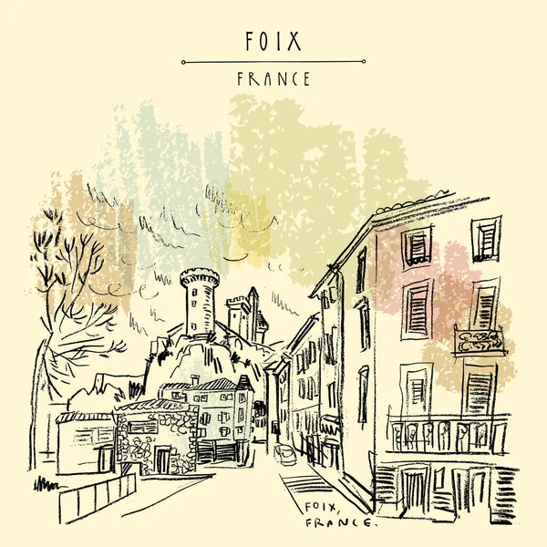 Foix, Occitanie, Fransa (Chateau des Comtes de Foix) kalede. Kasabadan görüntüleyin. El çizimi retro tarzı. Seyahat kroki. Vintage el turistik kartpostal, poster ya da kitap illüstrasyon vektör içinde çekilmiş.