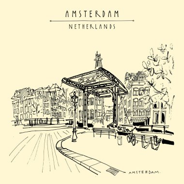 Amsterdam, Hollanda, Hollanda Europe. Köprü eski şehirde. Hollandalı geleneksel tarihi binalar. El çizimi. Seyahat kroki. Kitap Illustration, kartpostal veya vektör poster