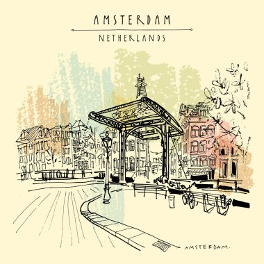 Amsterdam, Hollanda, Hollanda Europe. Köprü eski şehirde. Hollandalı geleneksel tarihi binalar. El çizimi. Seyahat kroki. Kitap Illustration, kartpostal veya vektör poster