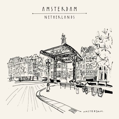 Amsterdam, Hollanda, Hollanda Europe. Köprü eski şehirde. Hollandalı geleneksel tarihi binalar. El çizimi. Seyahat kroki. Kitap Illustration, kartpostal veya vektör poster