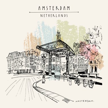 Amsterdam, Hollanda, Hollanda Europe. Köprü eski şehirde. Hollandalı geleneksel tarihi binalar. El çizimi. Seyahat kroki. Kitap Illustration, kartpostal veya vektör poster