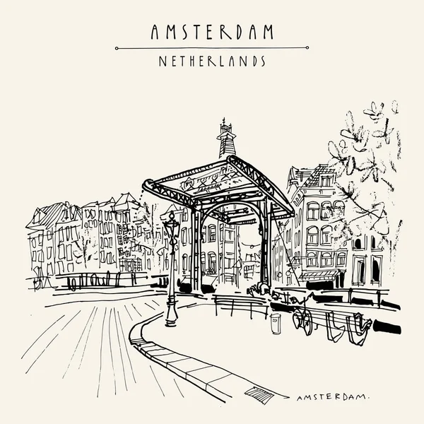 암스테르담 네덜란드 네덜란드 네덜란드 역사적인 건물입니다 그리기입니다 밑그림입니다 일러스트 포스터 — 스톡 벡터